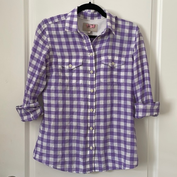 Banana Republic Soft wash Linen Plaid Checkered Purple Shirt Small - Picture 1 of 3